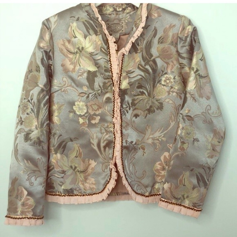 Floral Brocade Jacket with Pink Trim - Women's Blazer